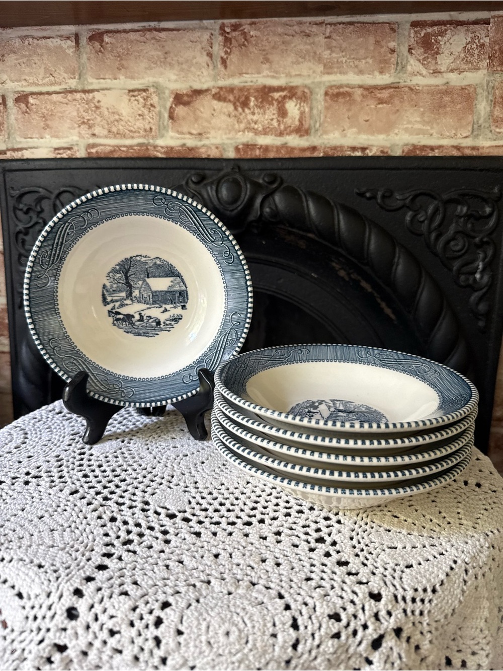 Currier & Ives Blue and White Cereal Bowls 6.5” Schoolhouse Winter Set of 6